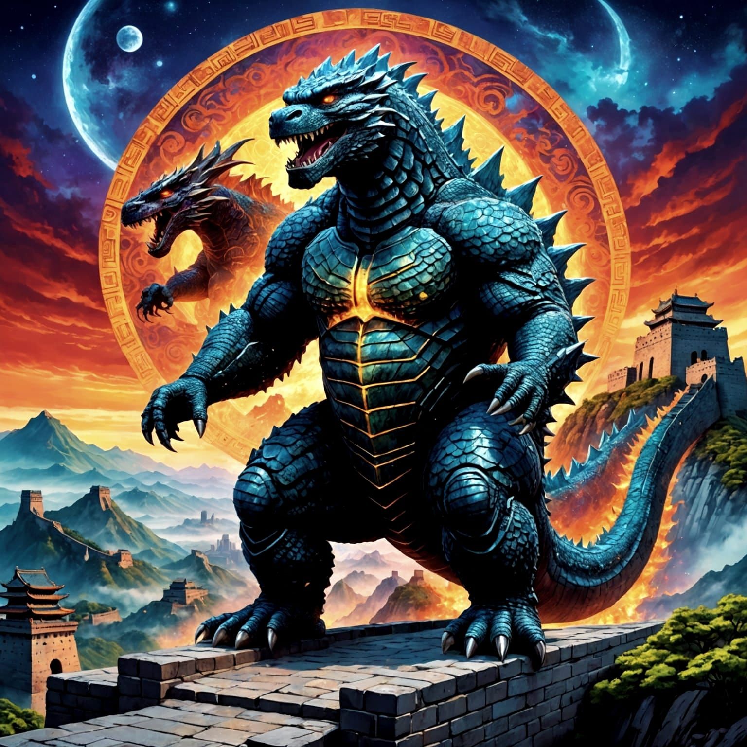 Godzilla Steps Over Great Wall: Holographic Illustration