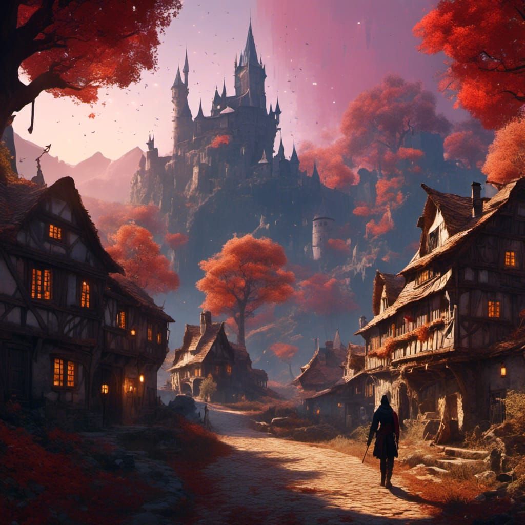 Medieval Village Silhouette in Detailed Matte Painting