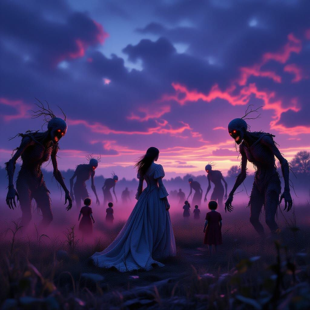Horrific Plant Monsters in Overgrown Field at Dusk