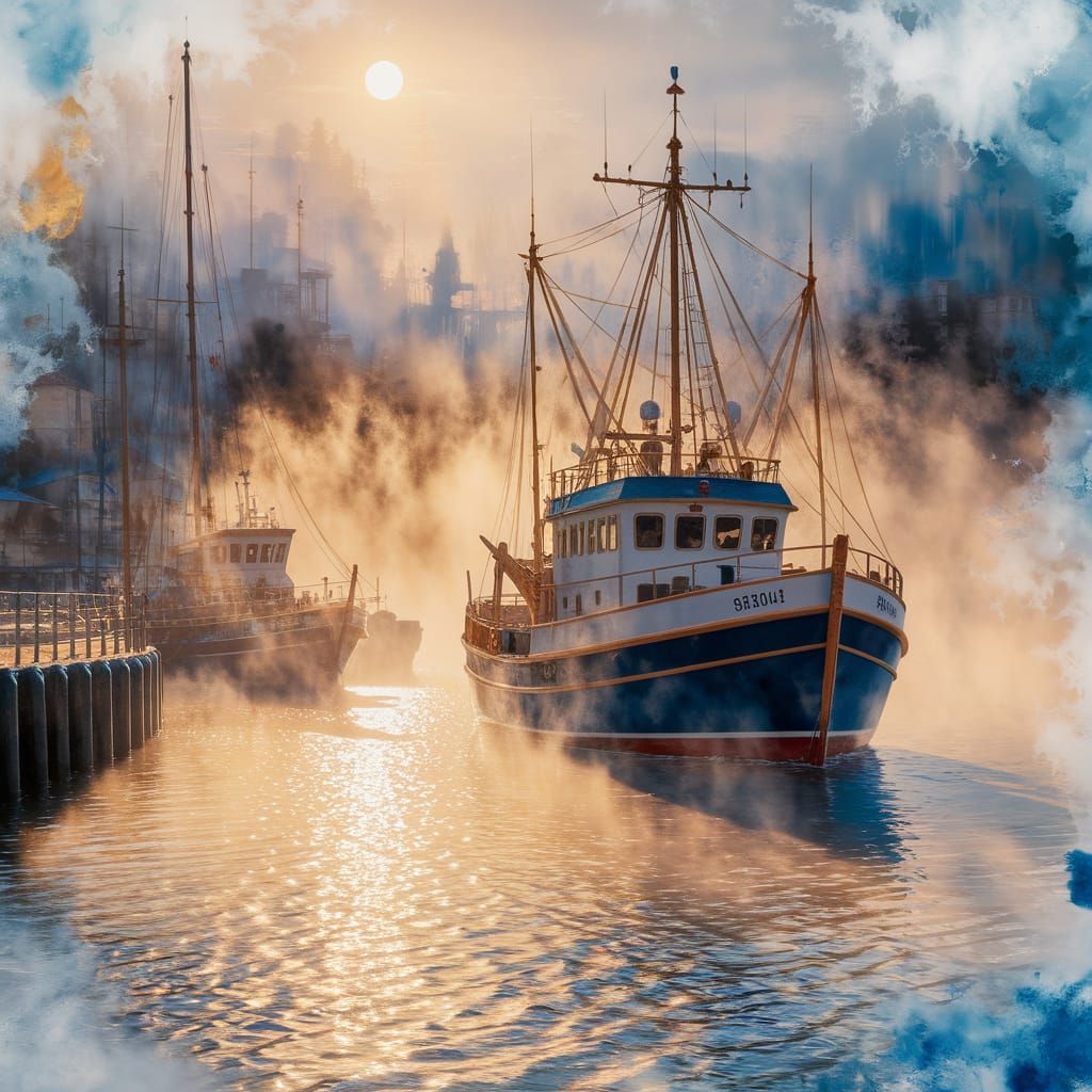 Fishing Boat Harbor in Golden Hour Watercolor