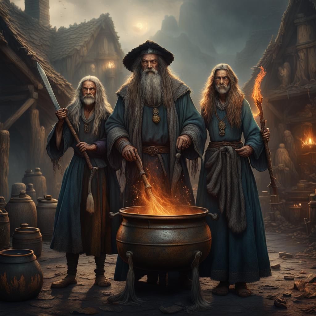 Witches and Medieval Man Around Cauldron, Detailed Art