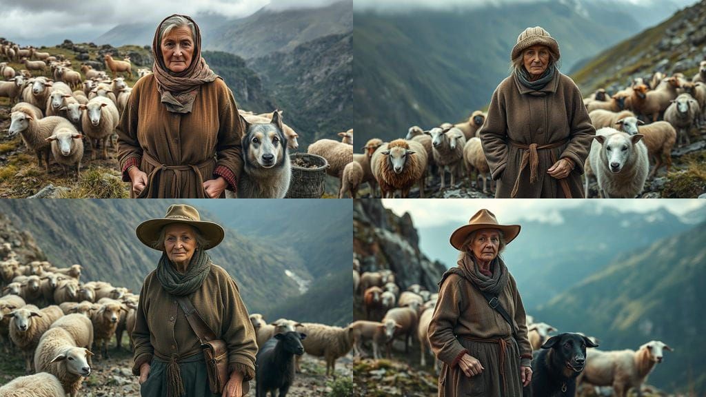 Hyperrealistic Eastern European Shepherd with Sheep