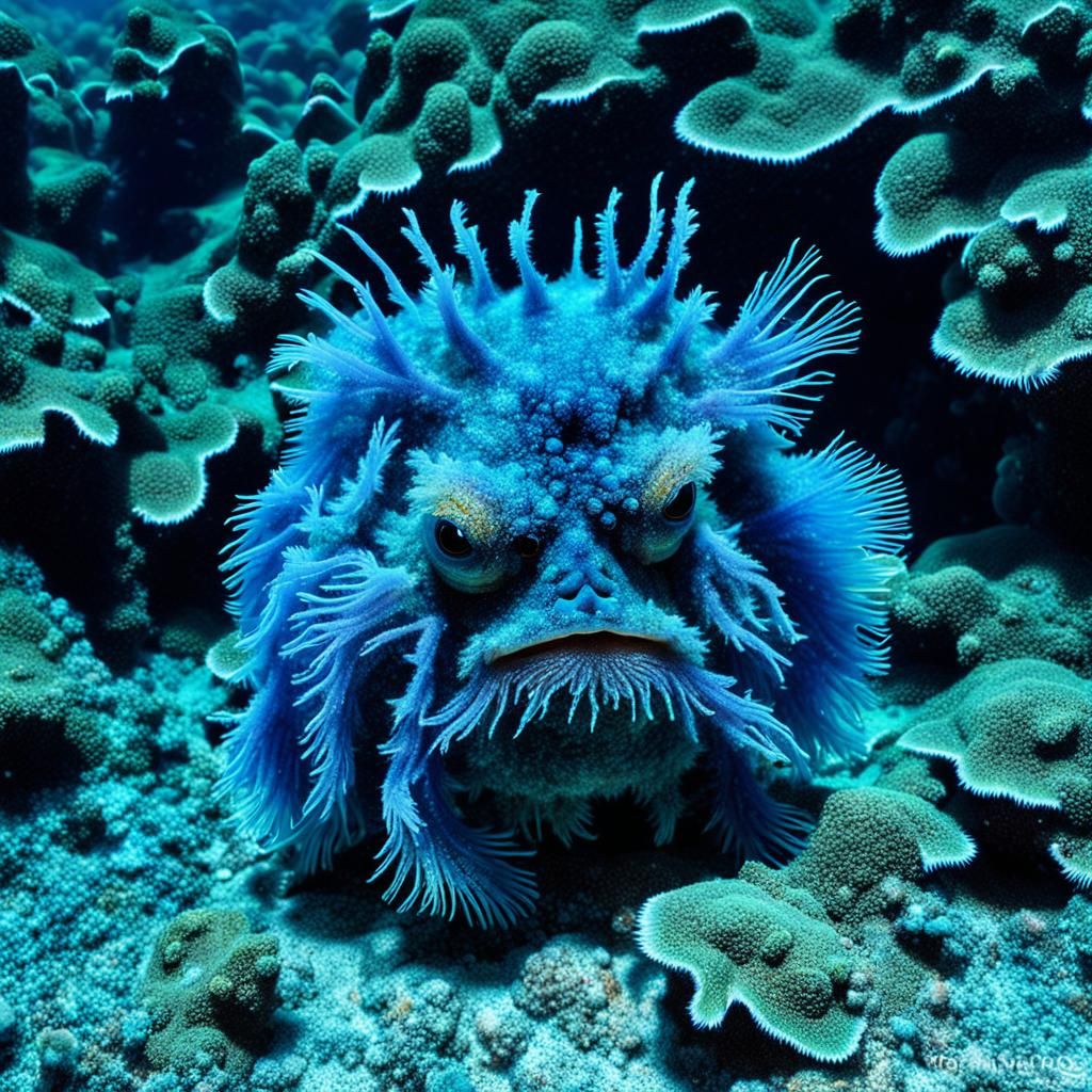 Blue Hairy Frogfish in coral habitat