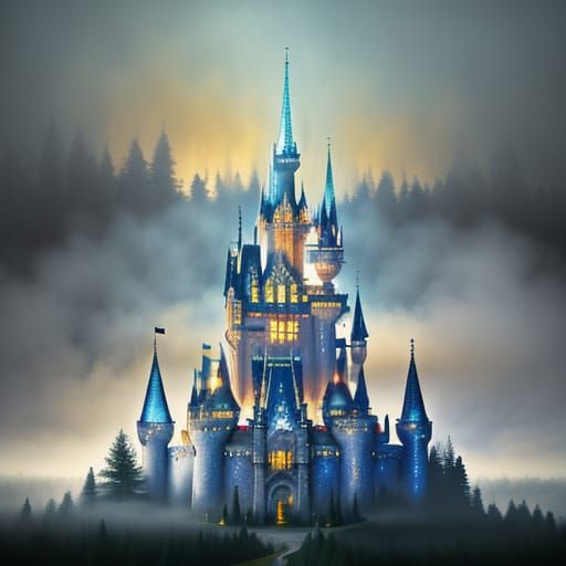 Ethereal Glass Castle in Misty Forest: Surreal Oil Painting