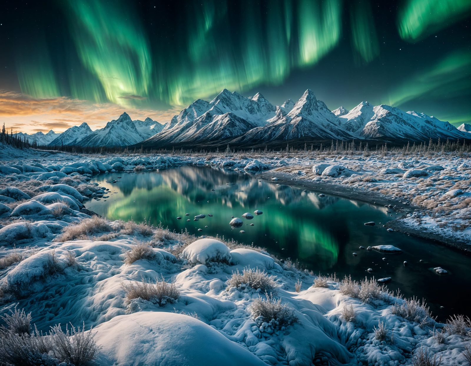 Dramatic Alaskan Landscape Under Aurora Borealis