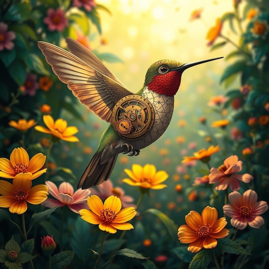 Clockwork Hummingbird in Bioluminescent Garden, Steampunk St...