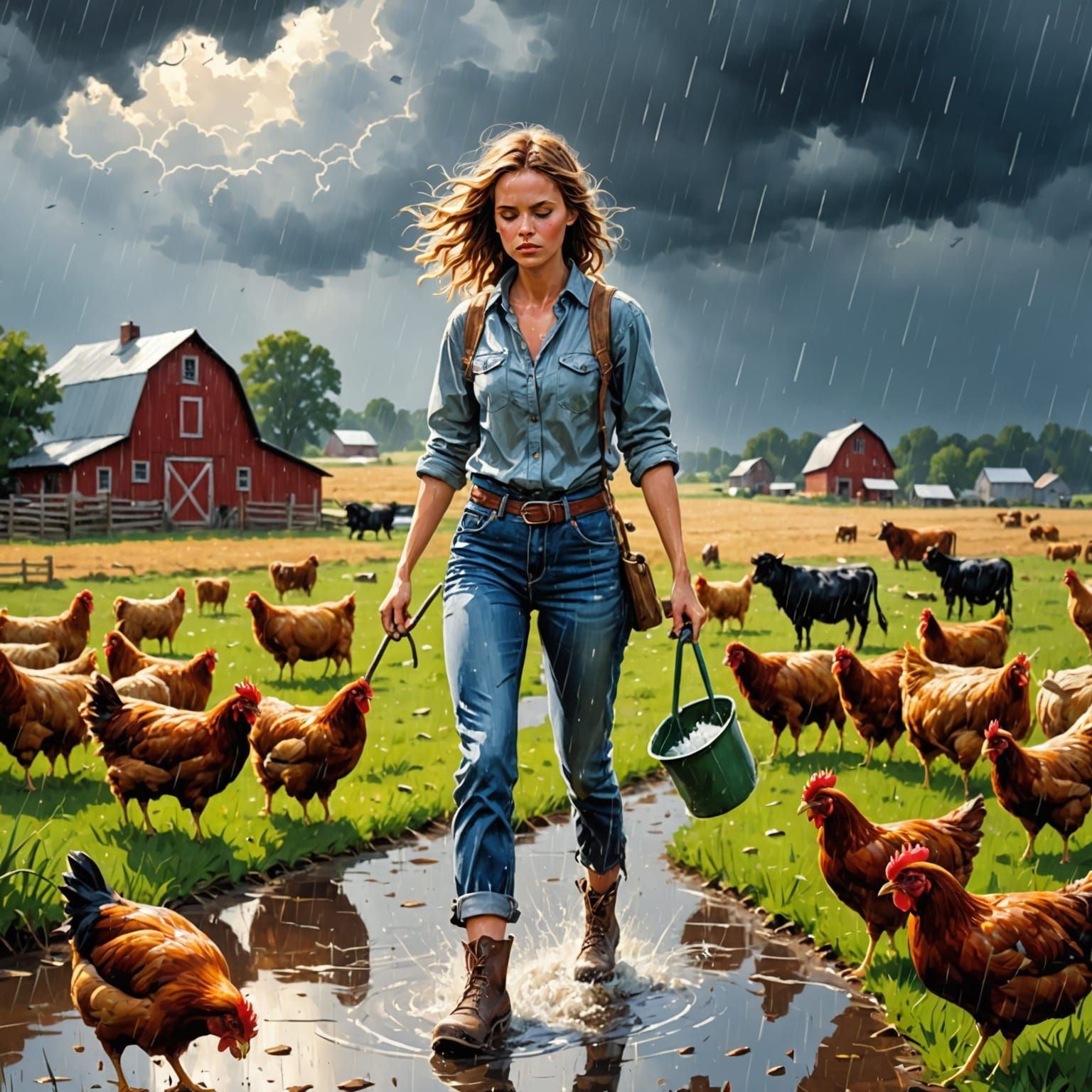 Rainy Farm Work: Volumetric Lighting Digital Art