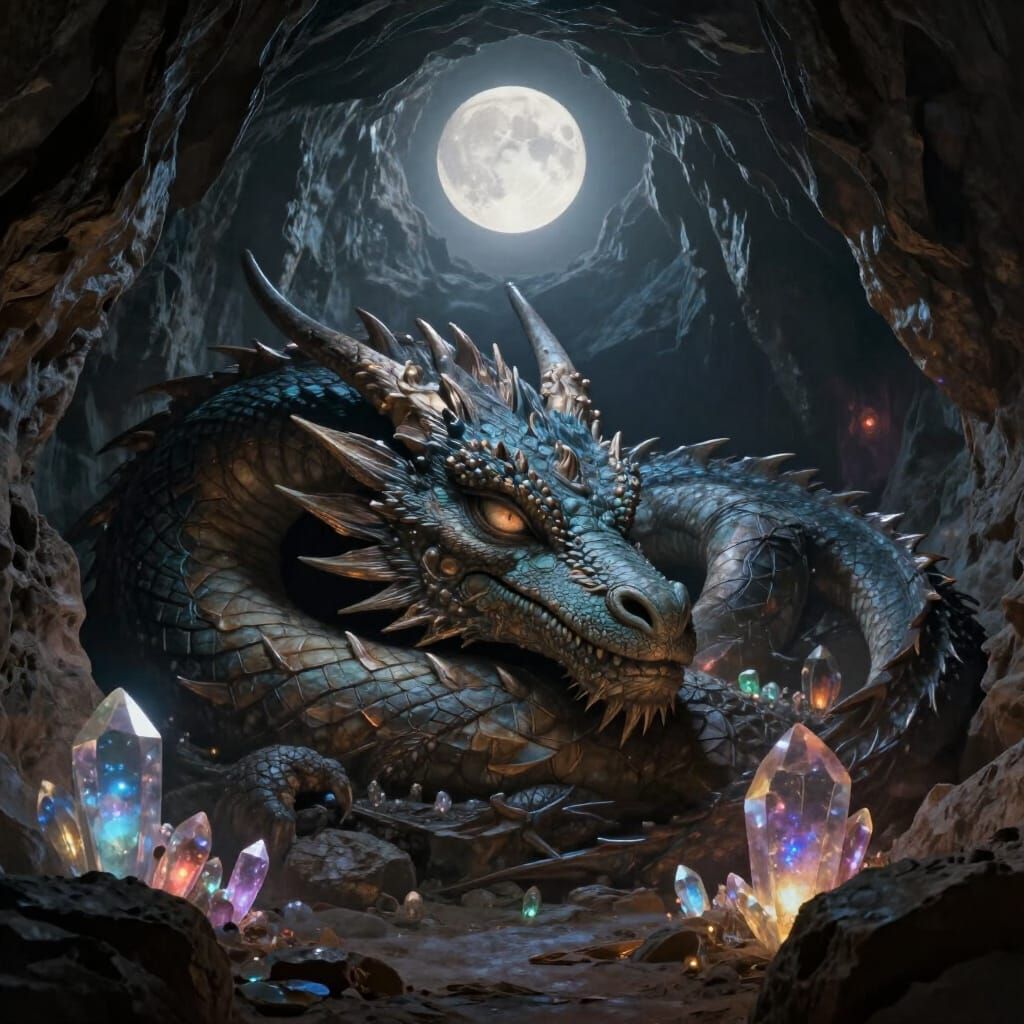 Ancient Dragon Sleeps in Crystal Cave by Moonlight