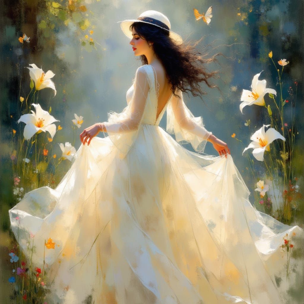 Luminous Lily Woman in Art Nouveau Style