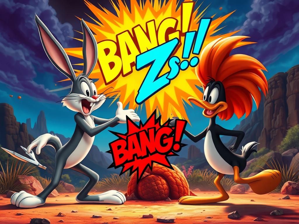 Bugs and Daffy Standoff in Cartoon Landscape