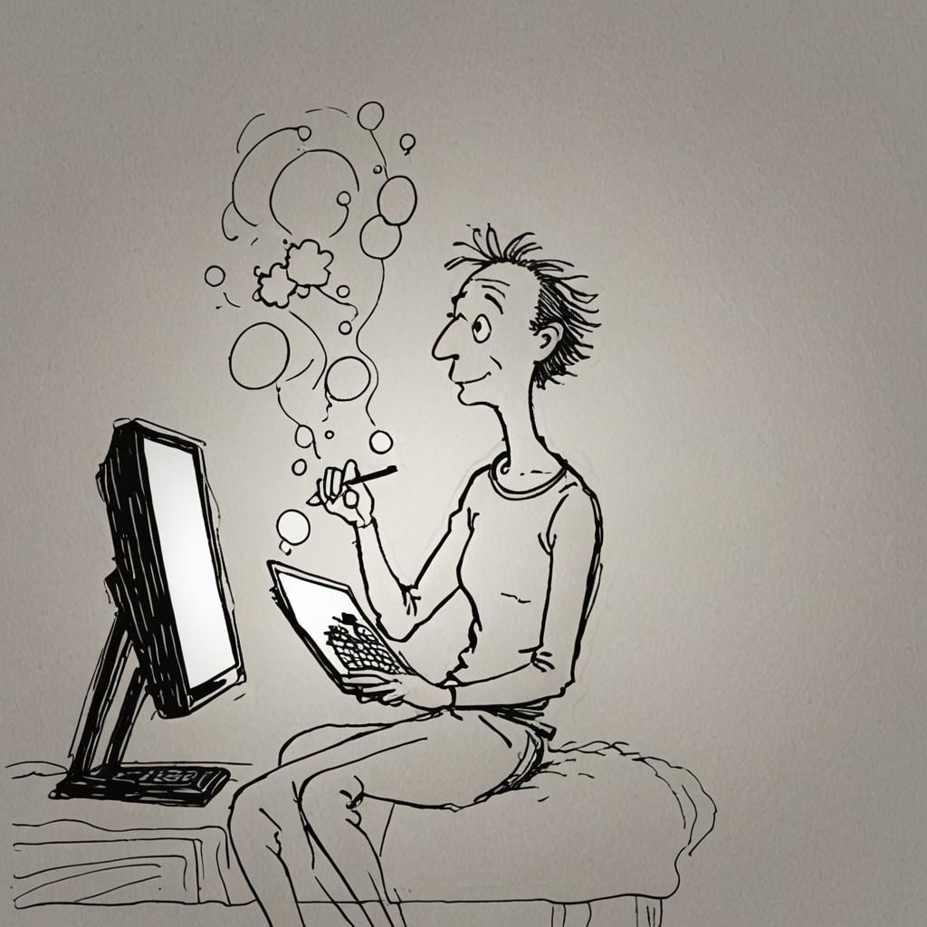 Person at Computer in Quentin Blake Cartoon Style