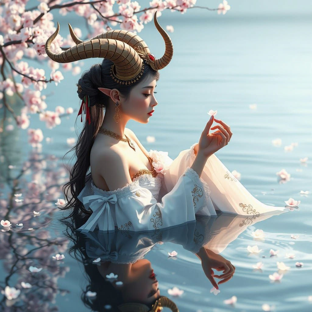 Horned Nymph Goddess Reflected in Water, 3D Anime Art