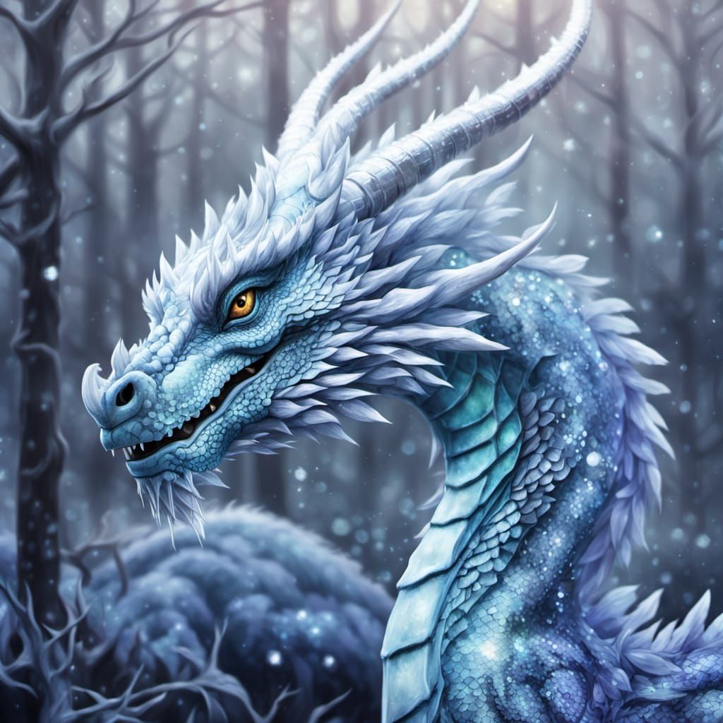 Moonlit Dragon in Frozen Forest, Watercolor Style