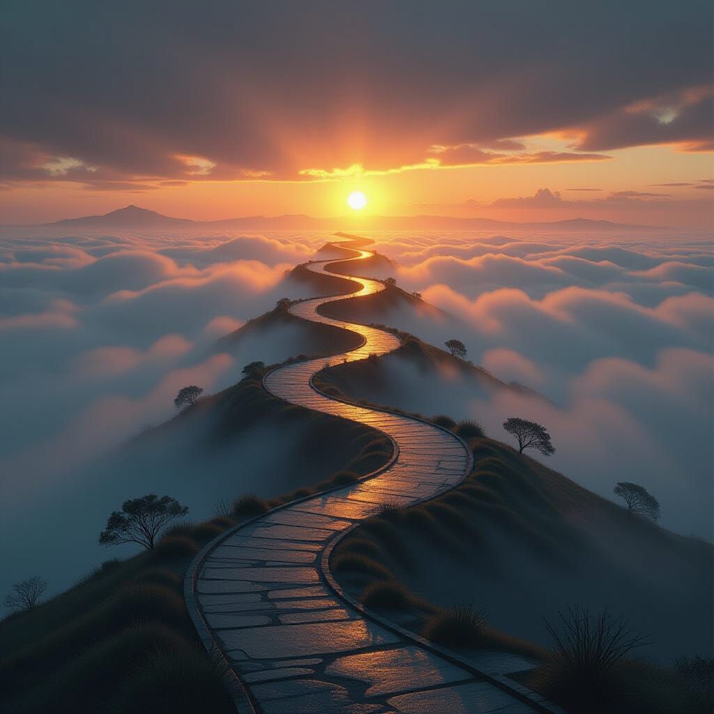 Surreal Winding Path Merging Realities in Dreamscape Style