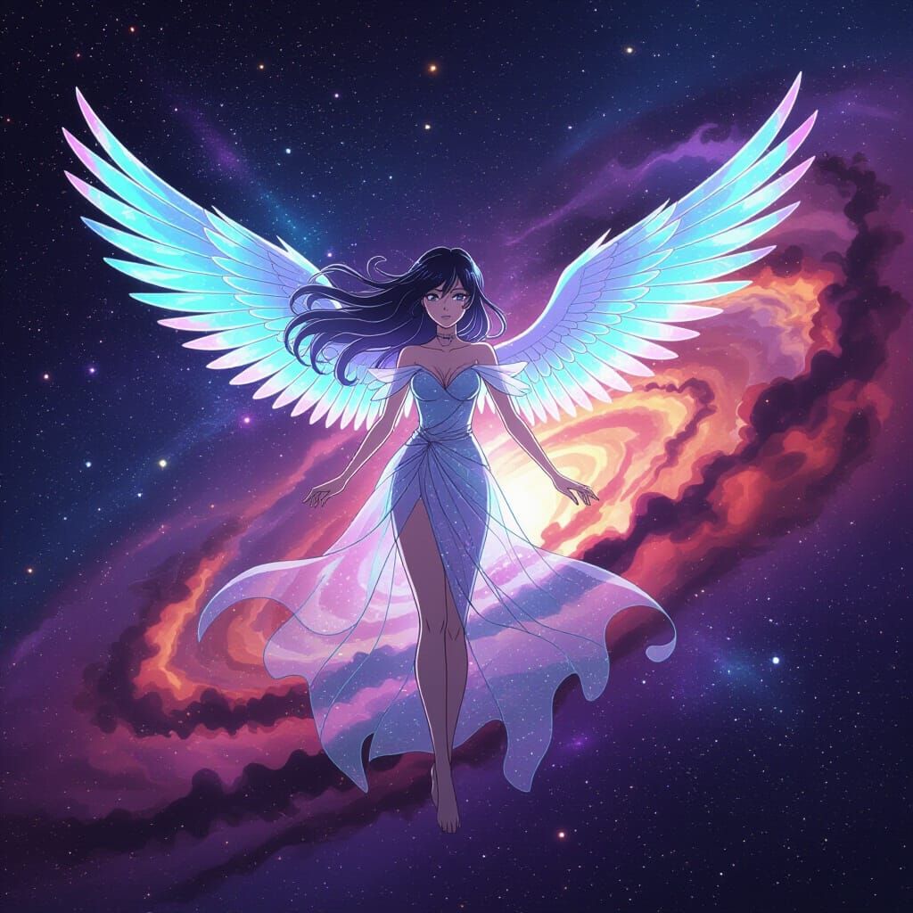 Anime Woman with Wings in Space Nebula
