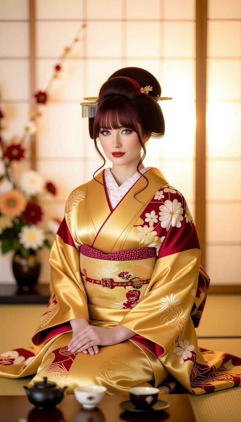 Geisha with Burgundy Hair in Kimono, Golden Light