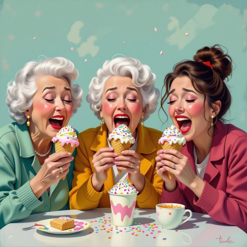 Emotional Old Women Eating Ice Cream, Abstract Style