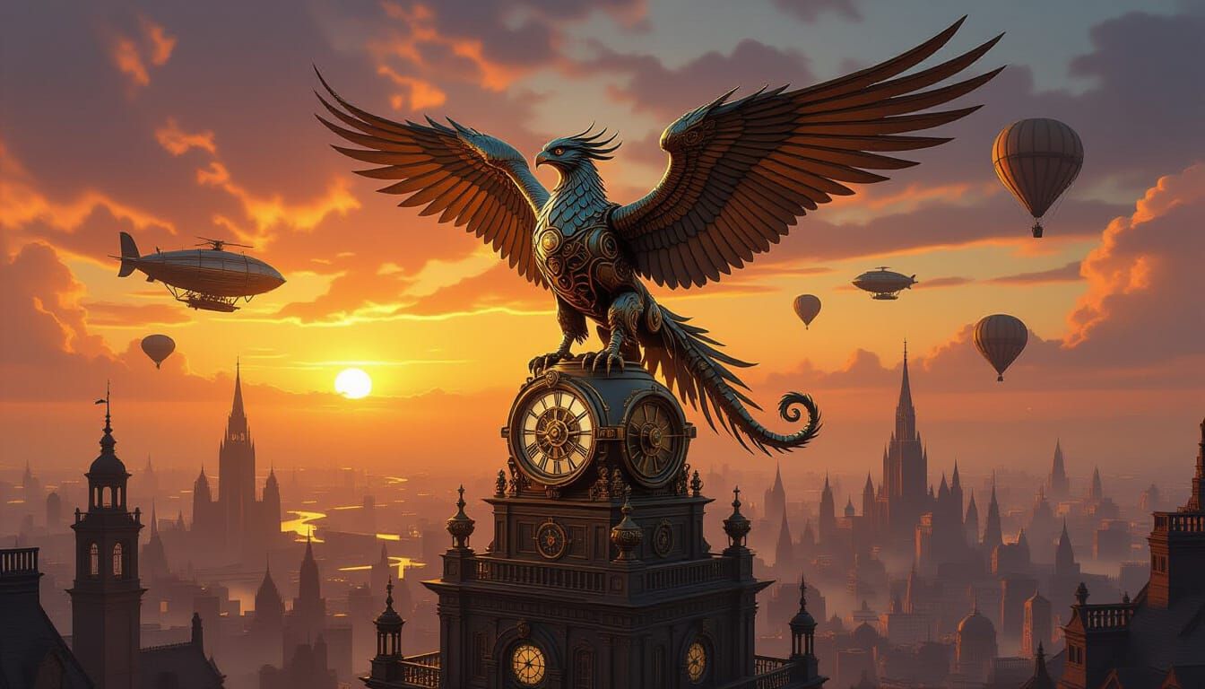 Clockwork Griffin Over Steampunk Cityscape at Twilight