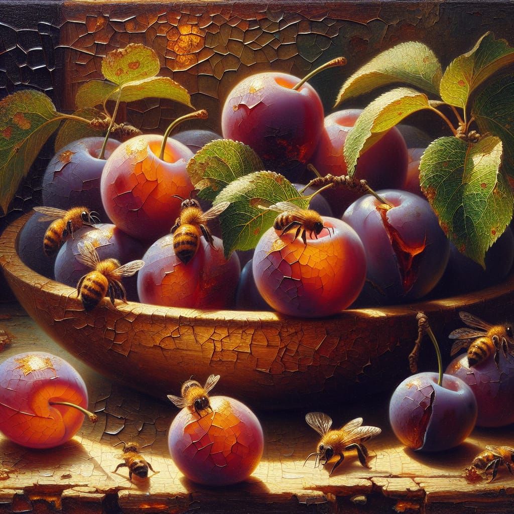 Ripe Plums Still Life in Oil with Bees