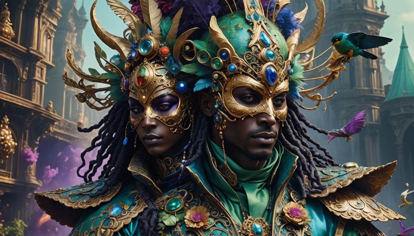 Mysterious Man with Mask in Surreal Cityscape