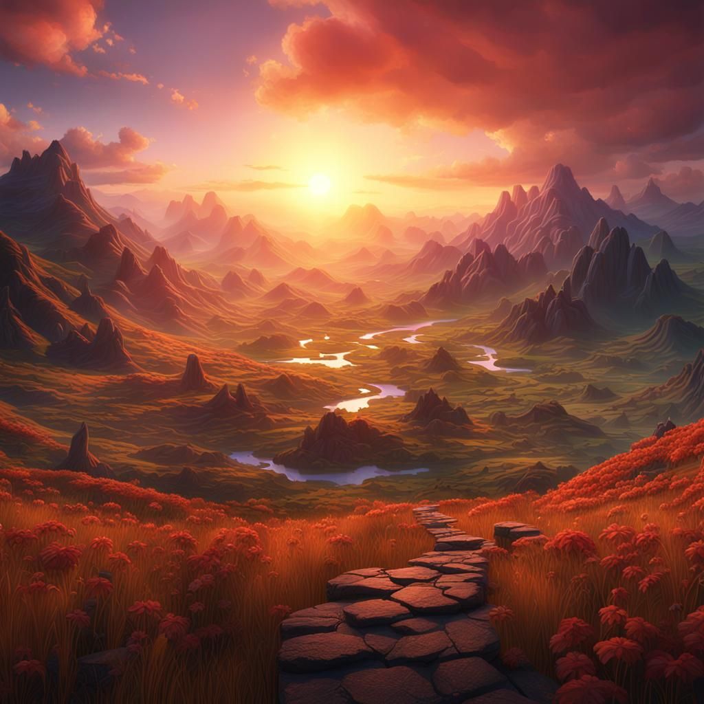 Valley Sunset: Detailed Matte Painting in 8K