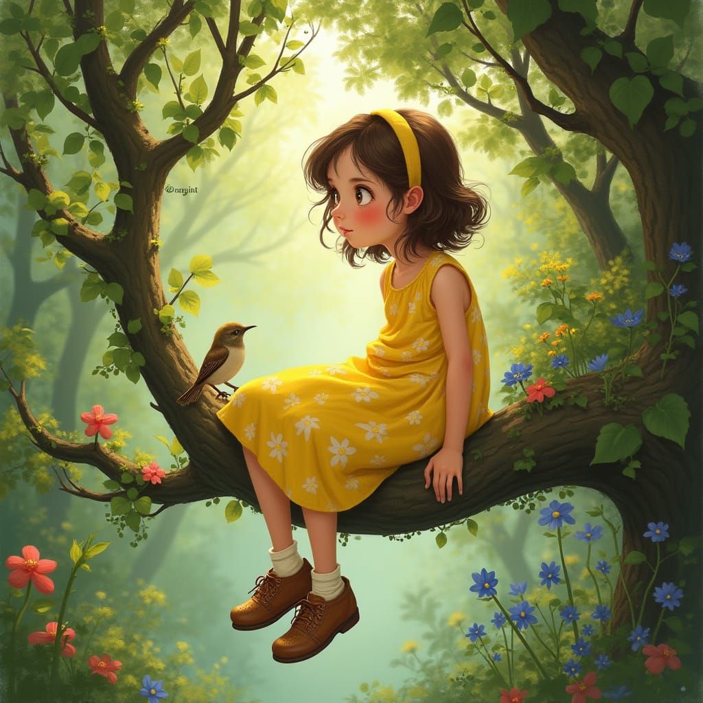 Young Girl in Whimsical Forest, Inspired by Beatrix Potter a...