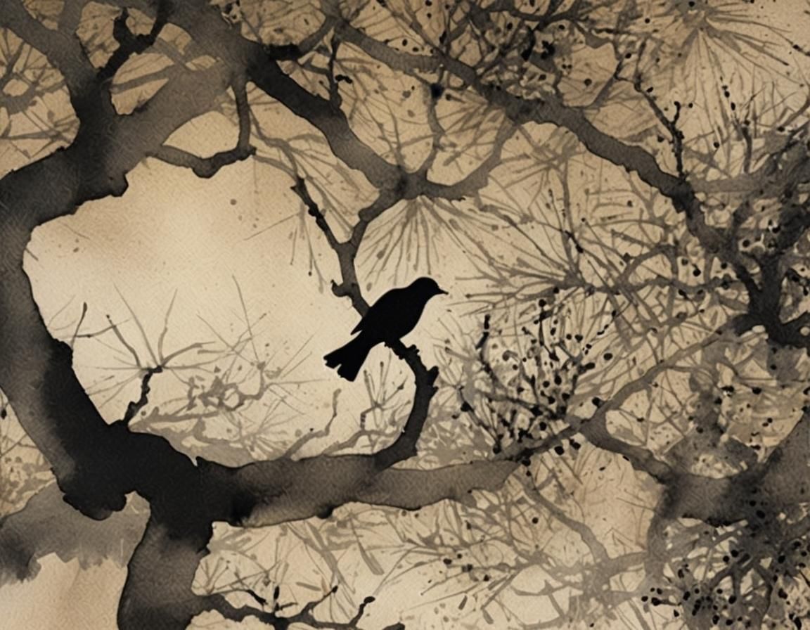 Dramatic Ink Silhouette of Bird on Branch