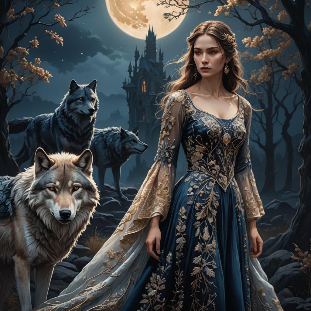 Dark Fantasy Woman and Wolf in Ethereal Light