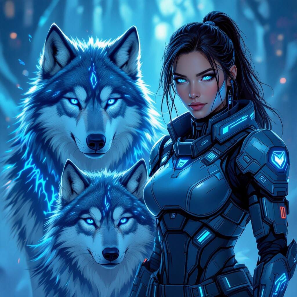 Gamer Character and Dire Wolves with Blue Glow