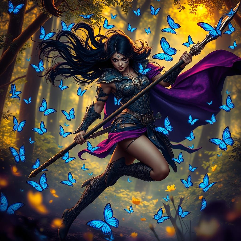 Ethereal Warrior Dancing with Fauchard in Vibrant Feywild Fo...