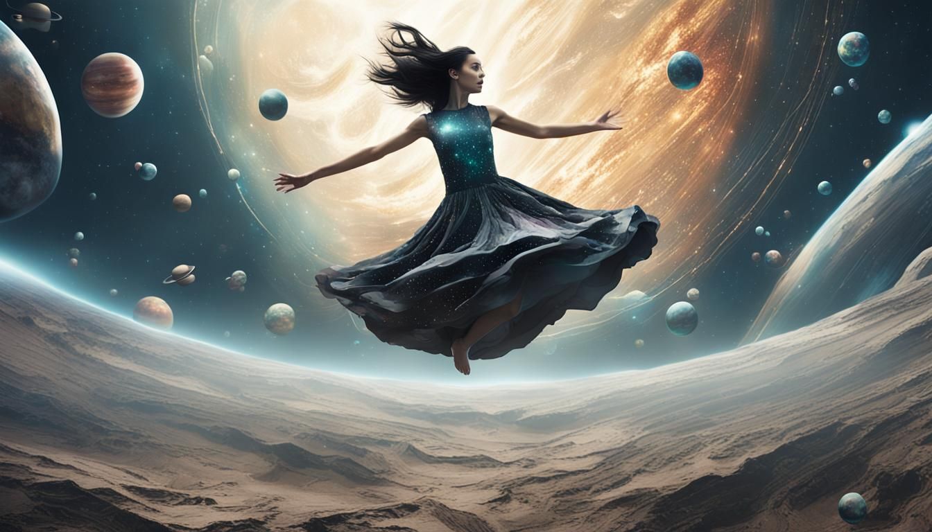 Surreal Futuristic Figure Jumping from Earth