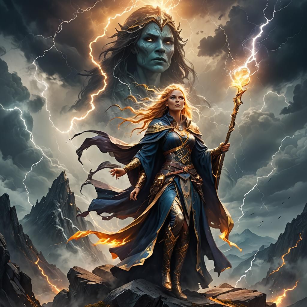 Powerful Sorceress in a Stormy Fantasy Landscape