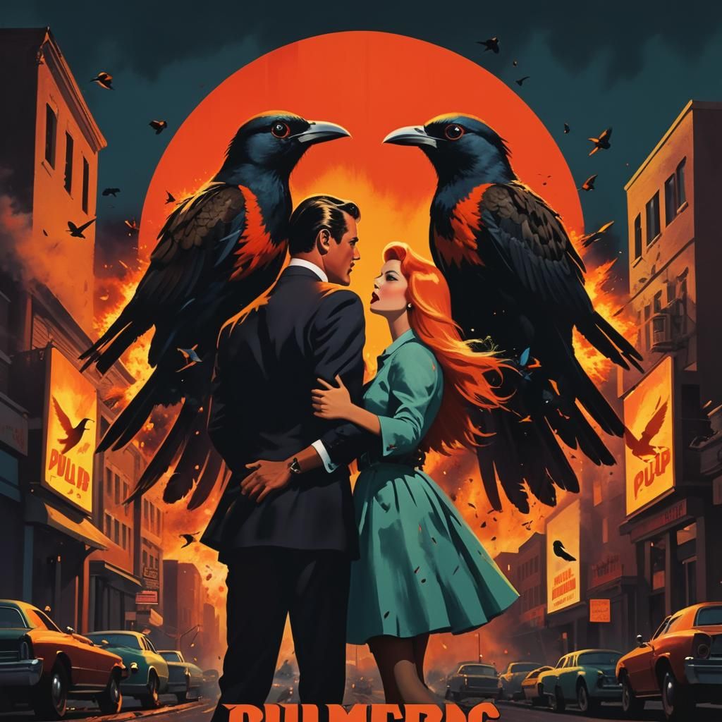 Birds Attack City Street in Retro Pulp Art Style