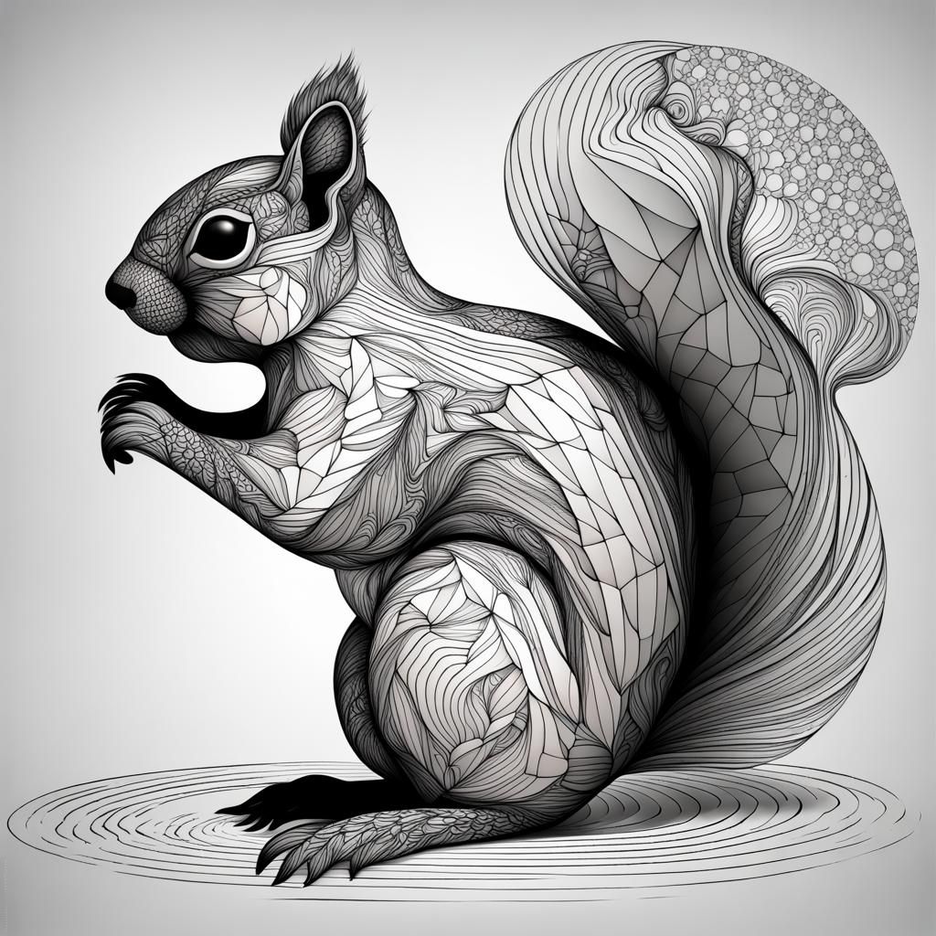 Abstract Fractal Squirrel with Zentangle Elements
