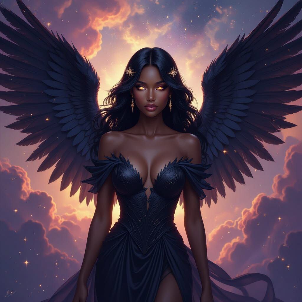 Black Angel in Cosmic Nebula, Digital Painting Style