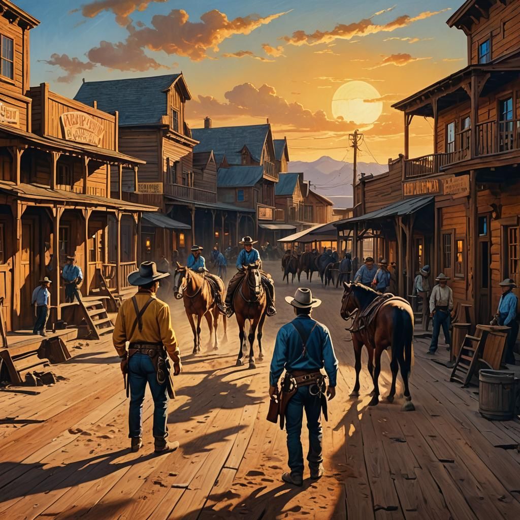 Cowboy Standoff at Sunset: Oil Painting Concept Art