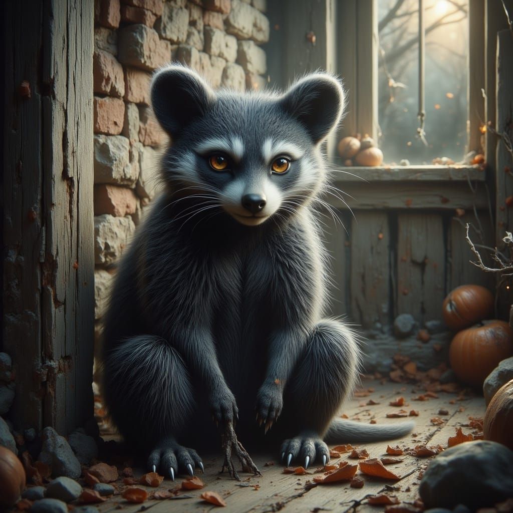 Ominous Raccoon on Porch in Painterly Style