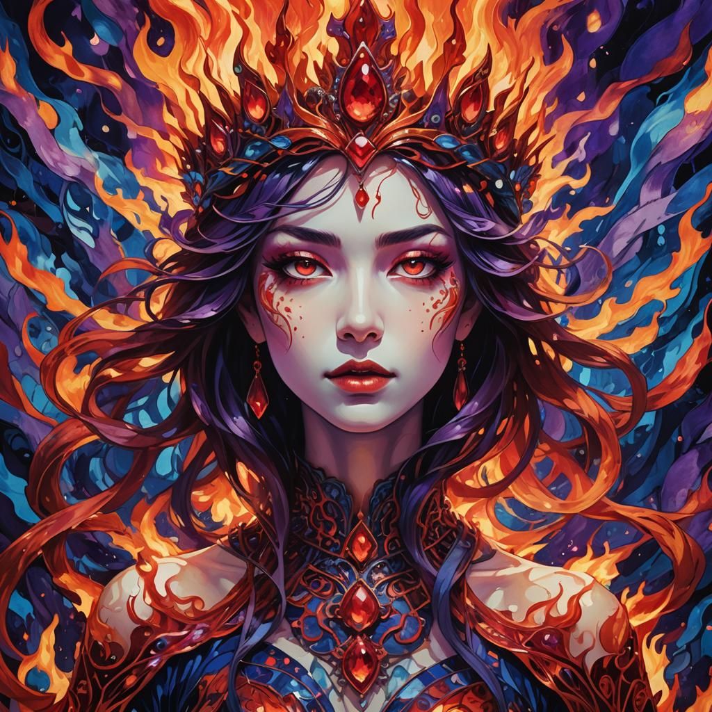 Fiery Anime Woman Portrait in Art Nouveau Style