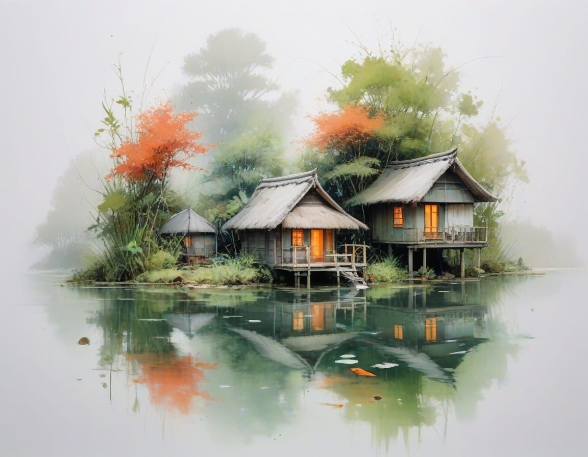 Floating Lily Pad Village with Glowing Huts in Watercolour