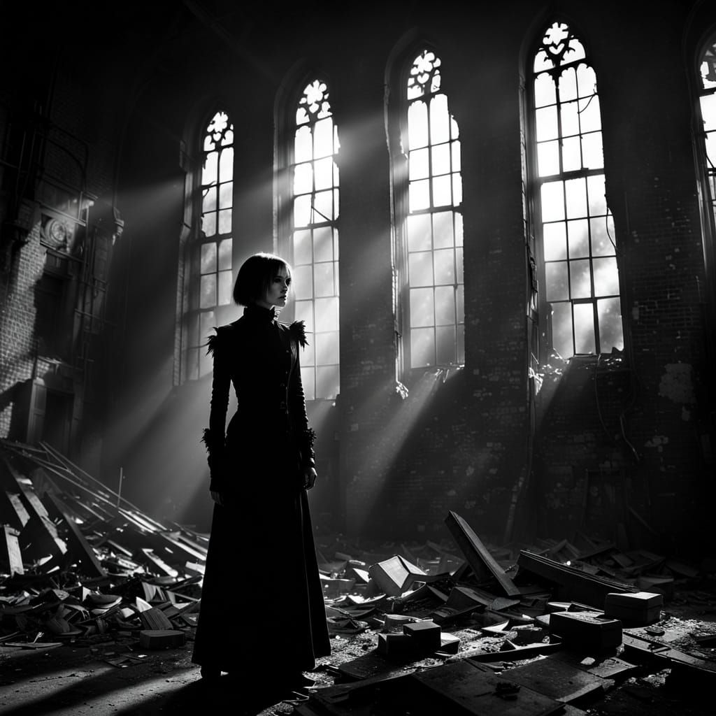 Gothic Model in Industrial Ruins: Black and White Photograph...