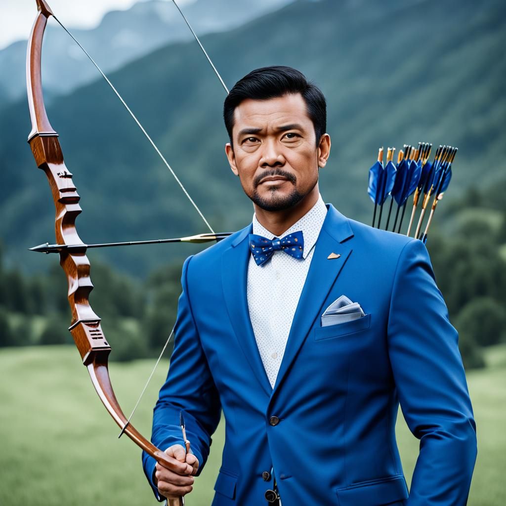 Man in Blue Suit with Bow and Arrow