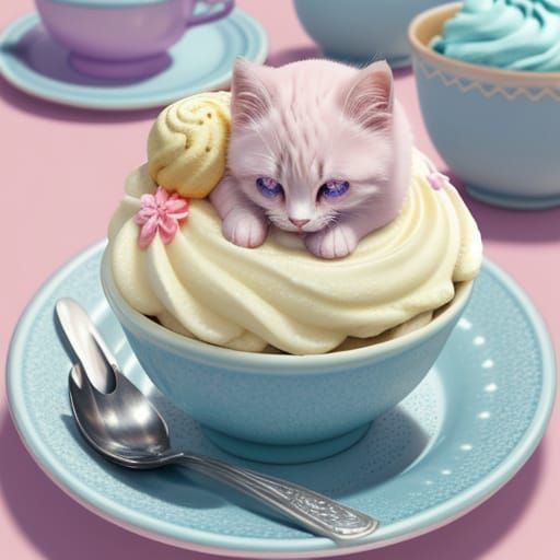 Ice Cream Kitten: Whimsical Digital Art Dessert