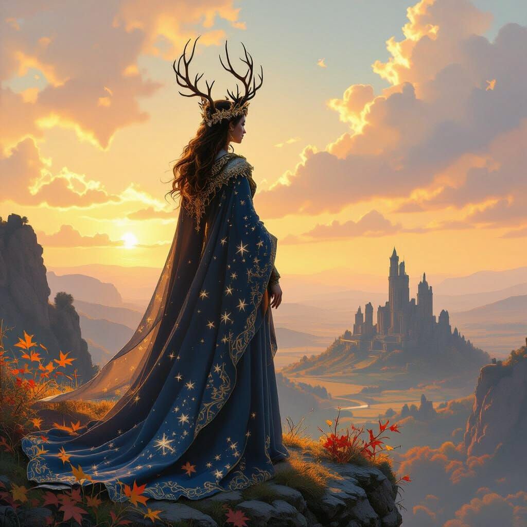 Majestic Queen Overlooking Dusk Valley in Fantasy Art Style