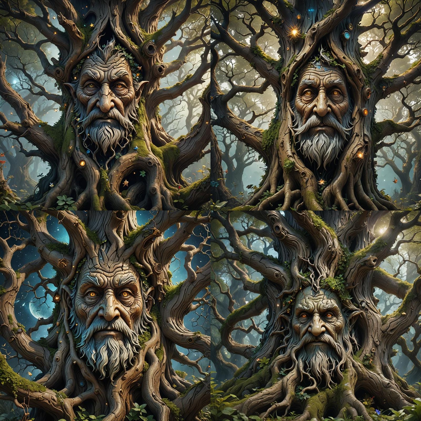 Old tree with wizards face etched in it, Secret Garden, fairies, gnomes, stars, creatures flying around