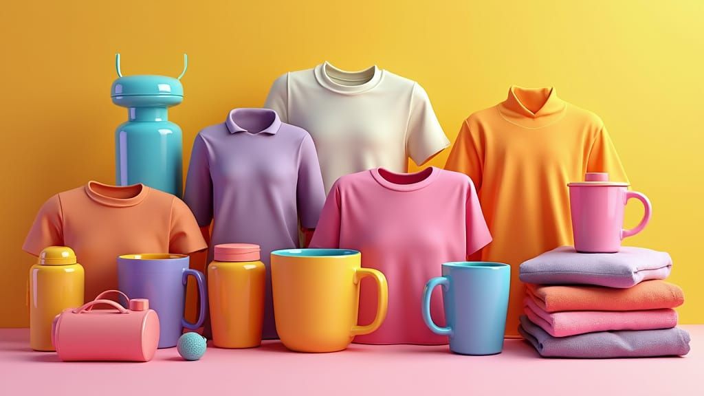Vibrant Promotional Products Scene in Whimsical 3D Style