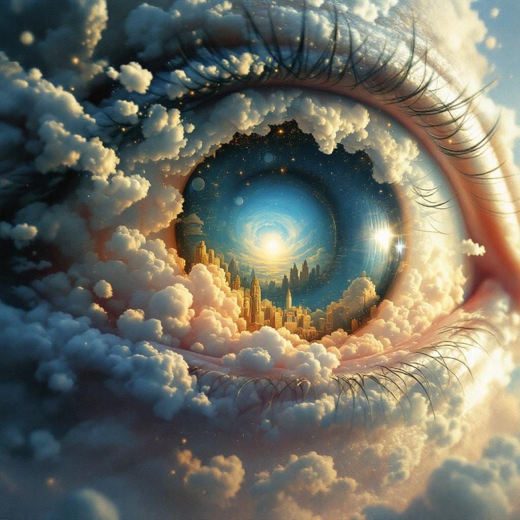 Surreal Cloud City in Eye, Salvador Dali Style