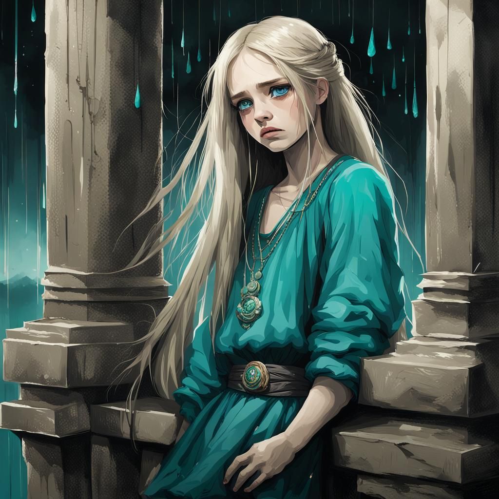 Sad Girl with Turquoise Eyes Crying