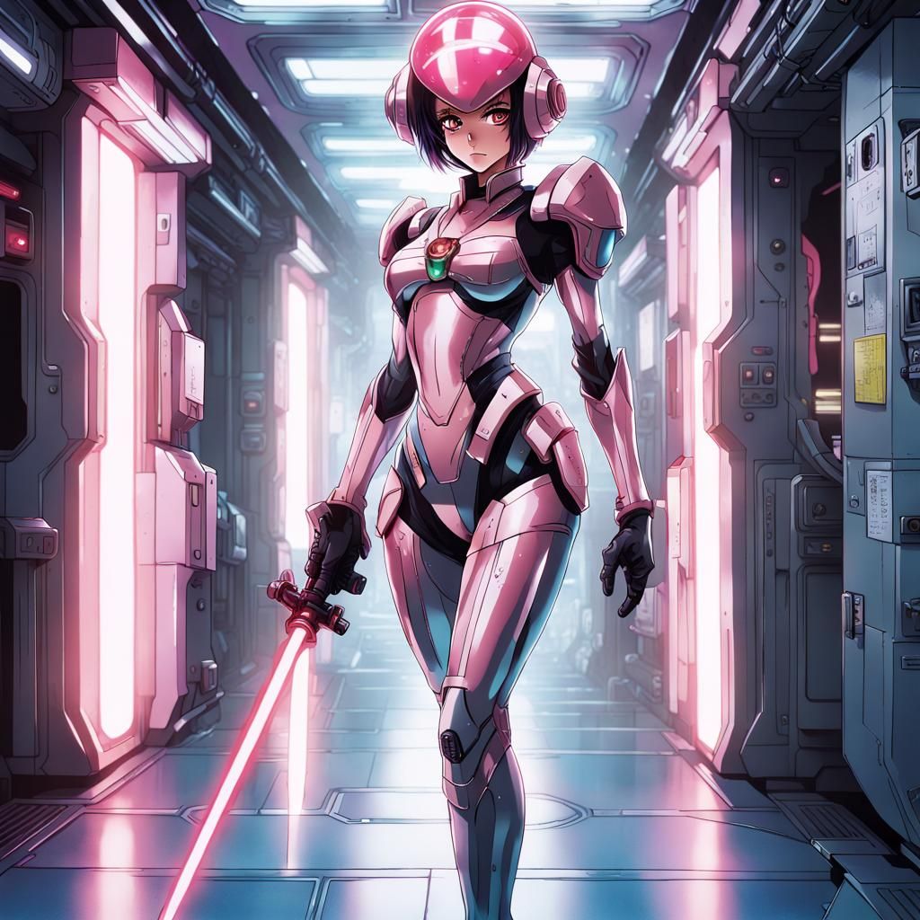 Anime Alien Woman with Lightsaber in Space Station