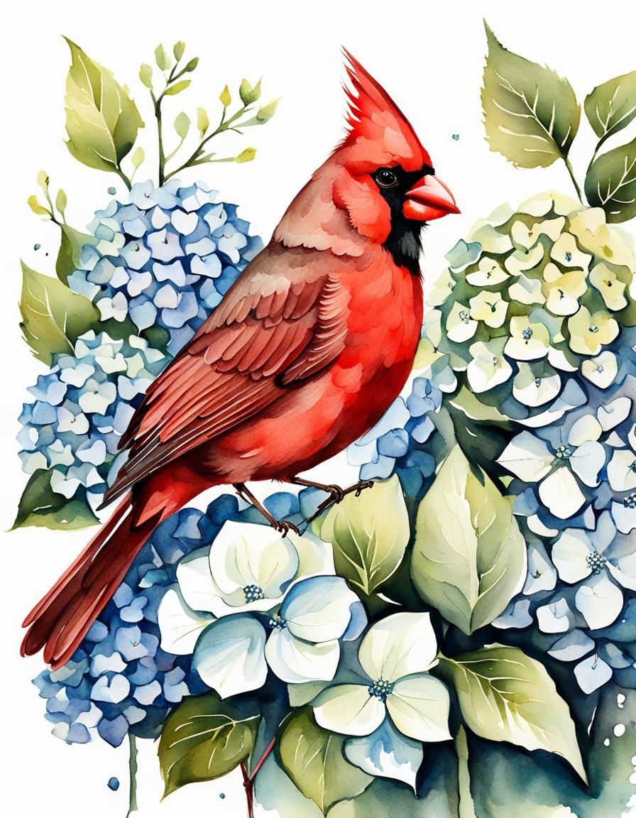 Cardinal and Hydrangeas in Watercolor Style