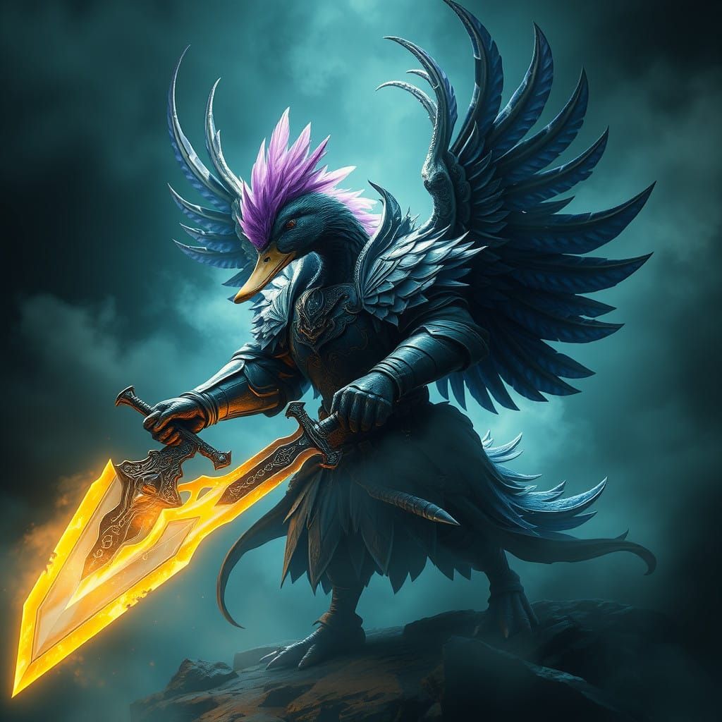 Dark Fantasy Duck Warrior Amidst Ethereal Realm